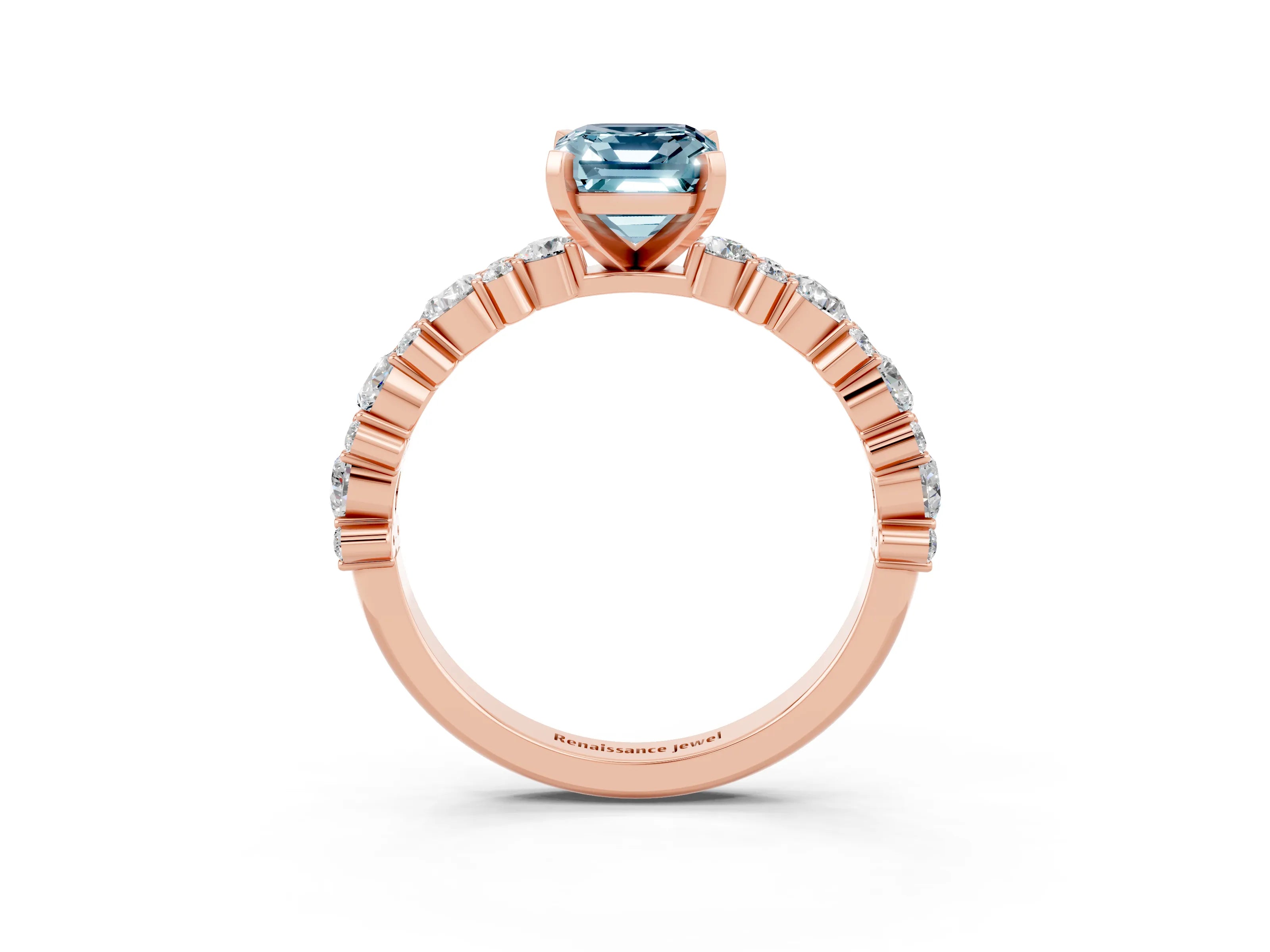 Rose gold Emerald Cut Aquamarine Solitaire with Side Stones, Pave Band, Four-Prong Setting_51