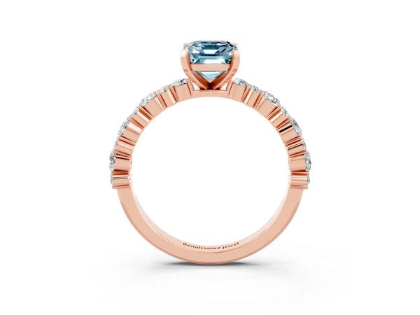 Rose gold Emerald Cut Aquamarine Side Stone Solitaire Ring with Round  and Four-Prong Setting
