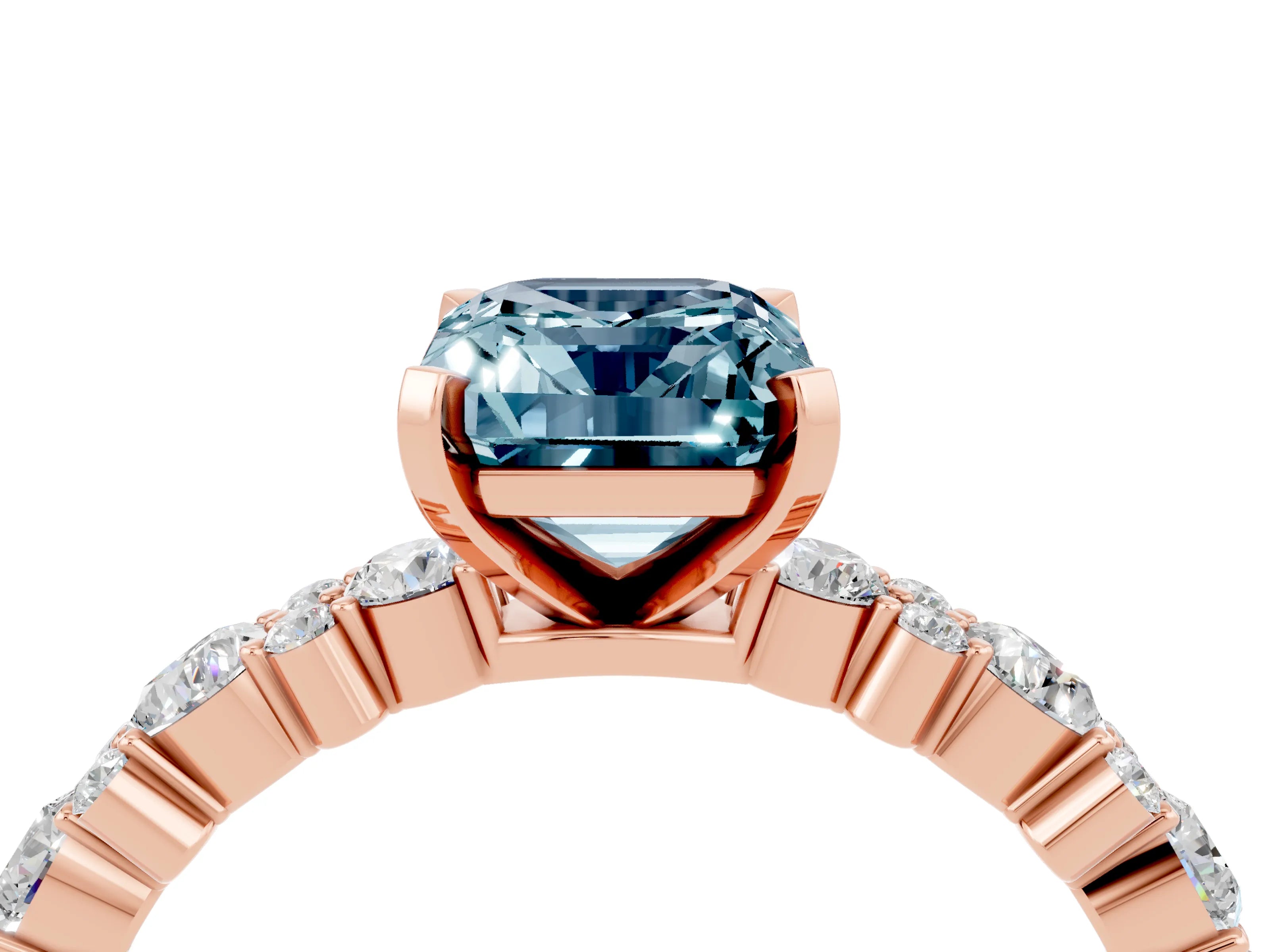 Rose gold Emerald Cut Aquamarine Solitaire with Side Stones, Pave Band, Four-Prong Setting_52