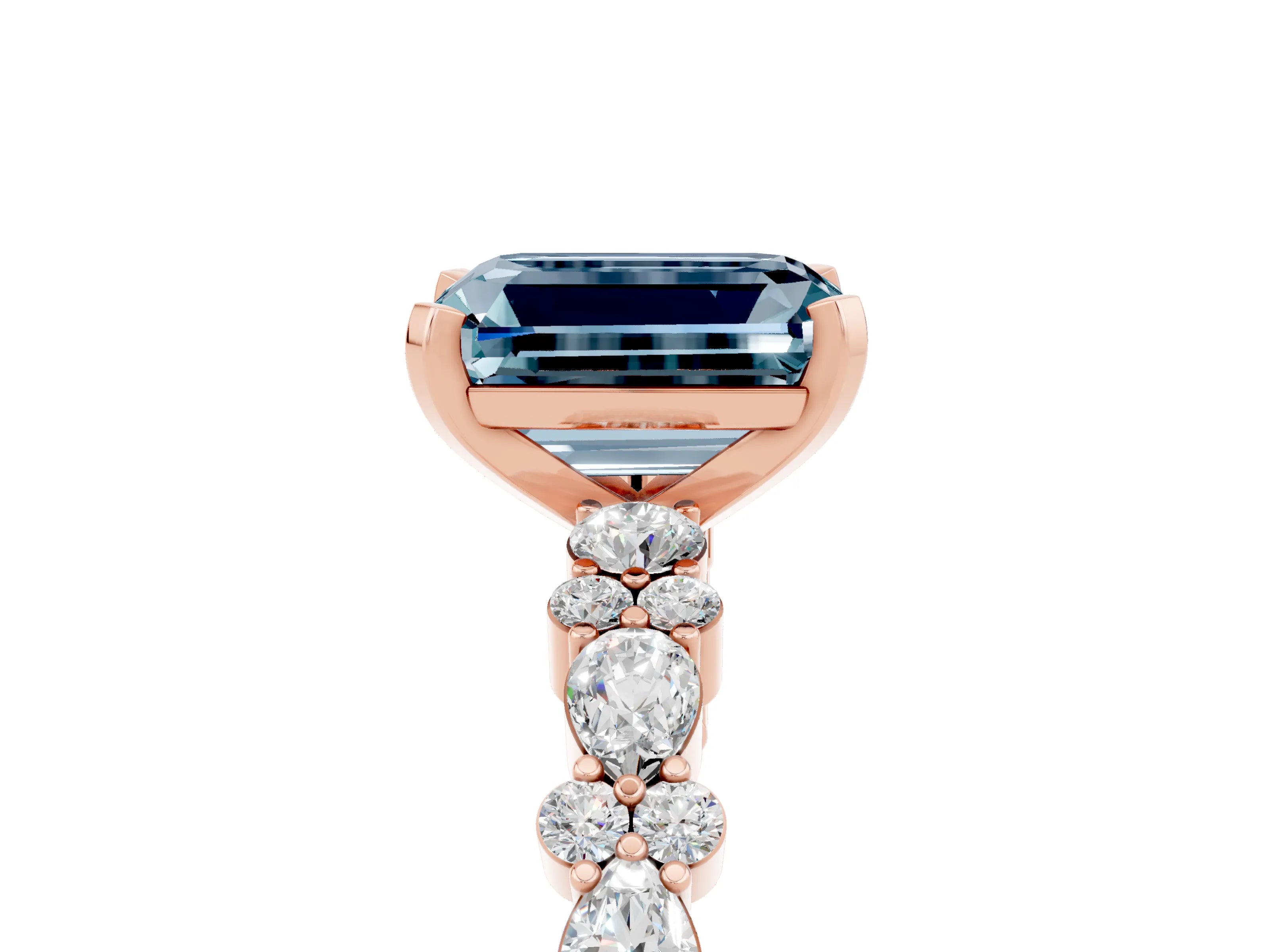 Rose gold Emerald Cut Aquamarine Solitaire with Side Stones, Pave Band, Four-Prong Setting_53