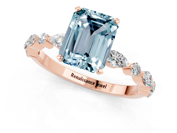 Rose gold Emerald Cut Aquamarine Ring with Marquise and Round  Side Stones and Four-Prong Setting
