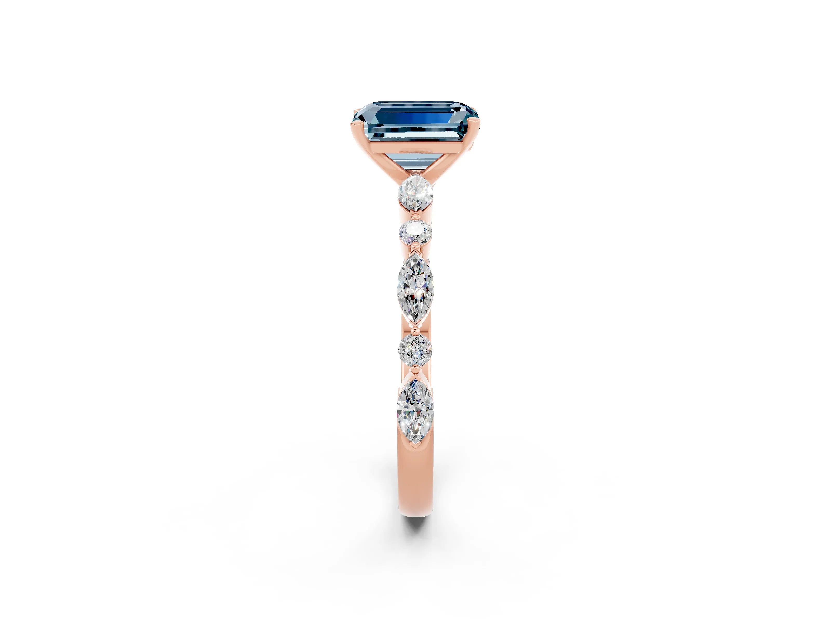 Rose gold Emerald Cut Aquamarine Solitaire with Side Stones on a Pavé Band and Four-Prong Setting_2