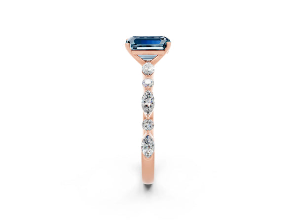 Rose gold Emerald Cut Aquamarine Ring with Marquise and Round  Side Stones and Four-Prong Setting