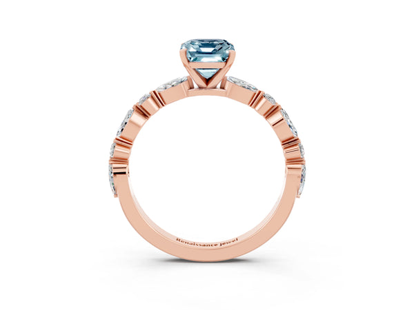 Rose gold Emerald Cut Aquamarine Ring with Marquise and Round  Side Stones and Four-Prong Setting