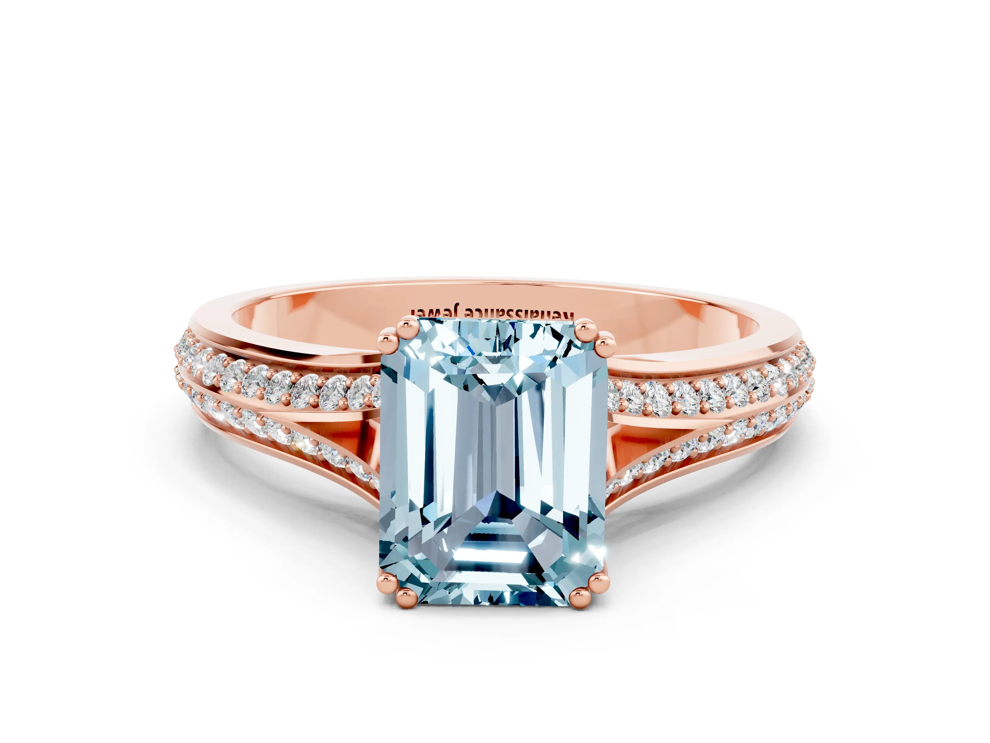 Rose gold Emerald Cut Aquamarine Split Shank Engagement Ring with Pavé Band