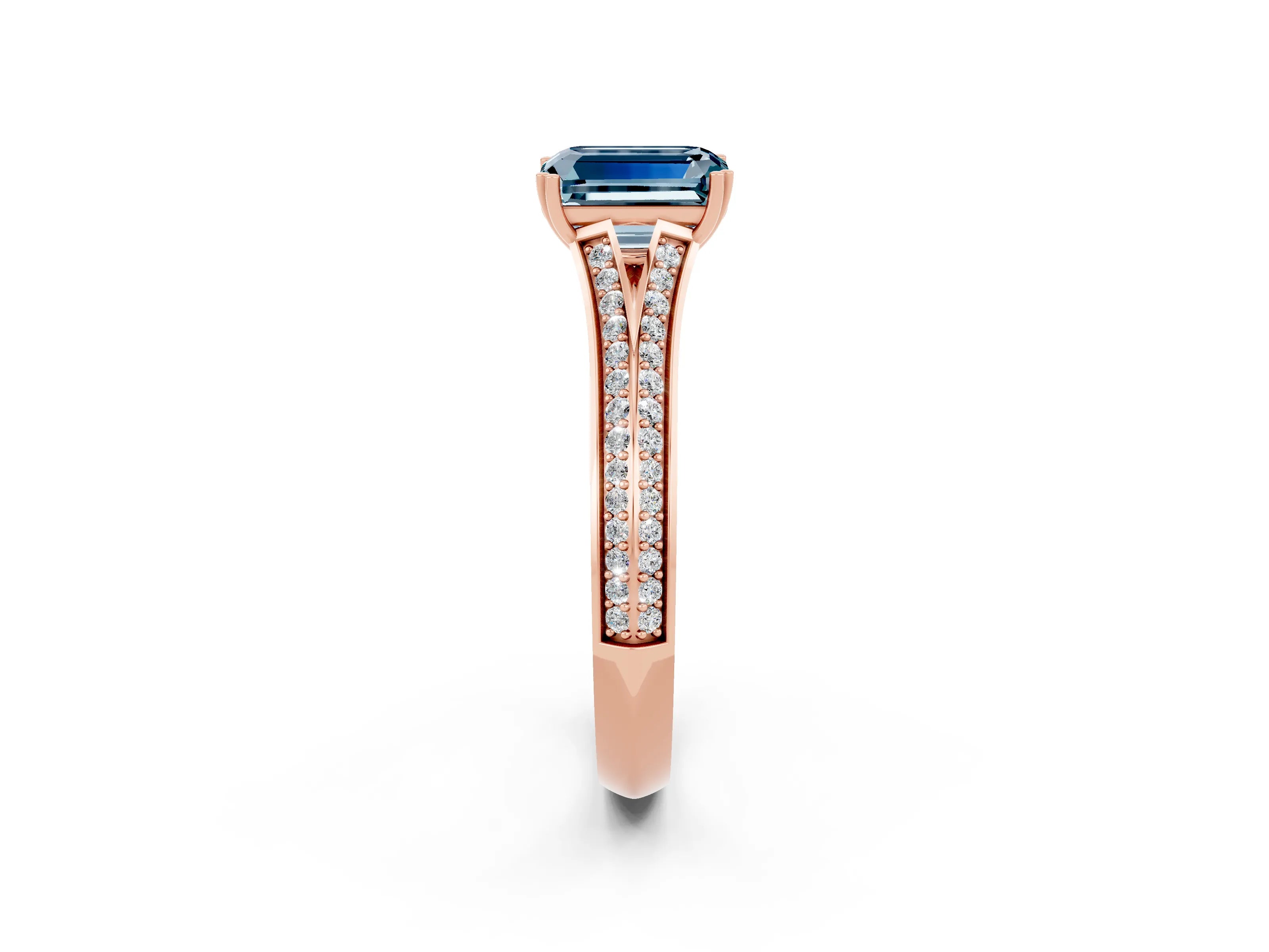 Rose gold Emerald Cut Aquamarine Split Shank Engagement Ring with Pavé Band_2