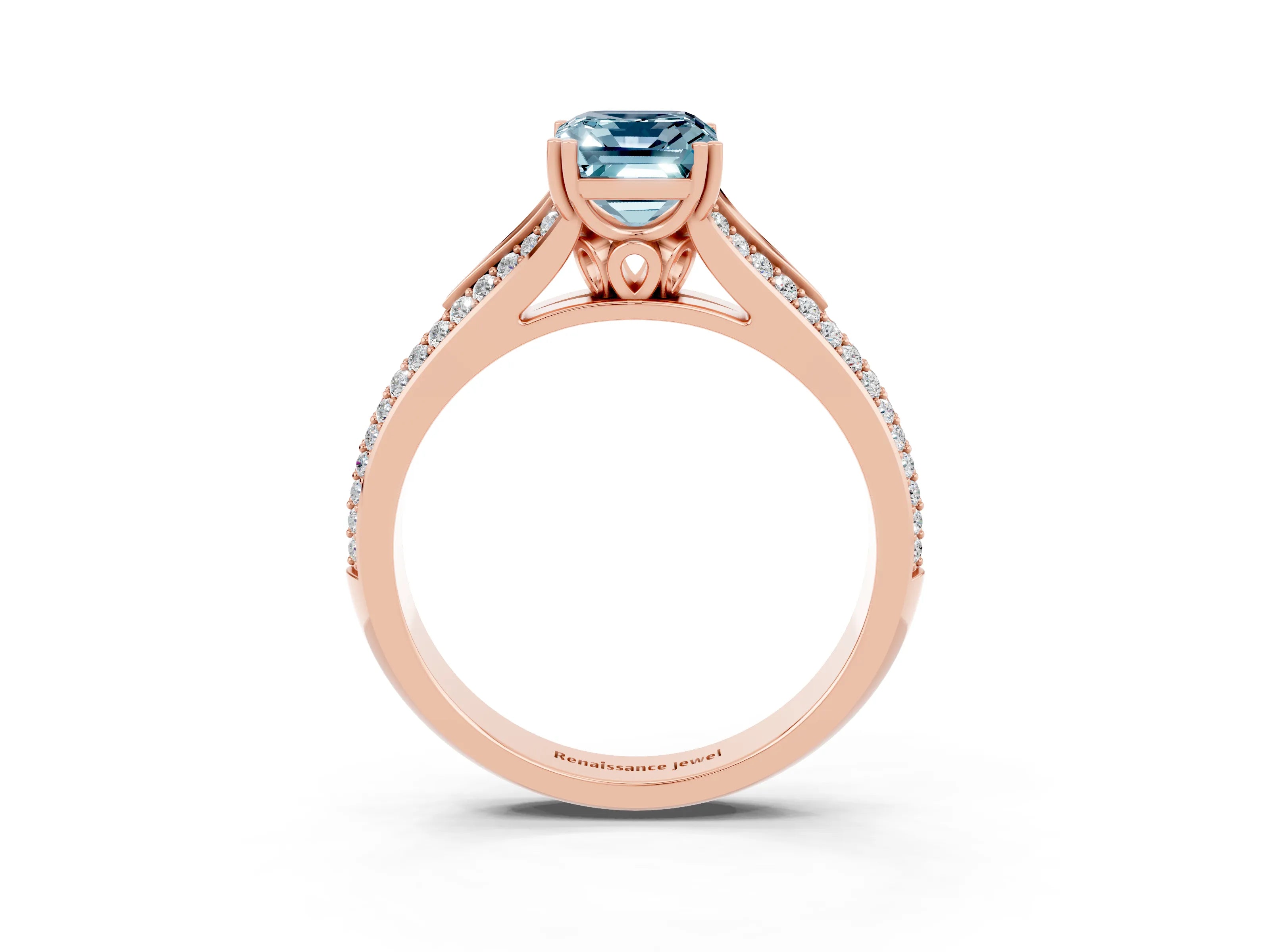 Rose gold Emerald Cut Aquamarine Split Shank Engagement Ring with Pavé Band_3