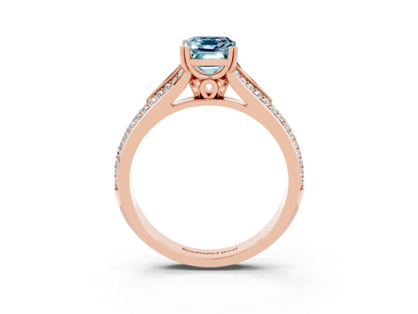 Rose gold Emerald Cut Aquamarine Split Shank Engagement Ring with Pavé Band