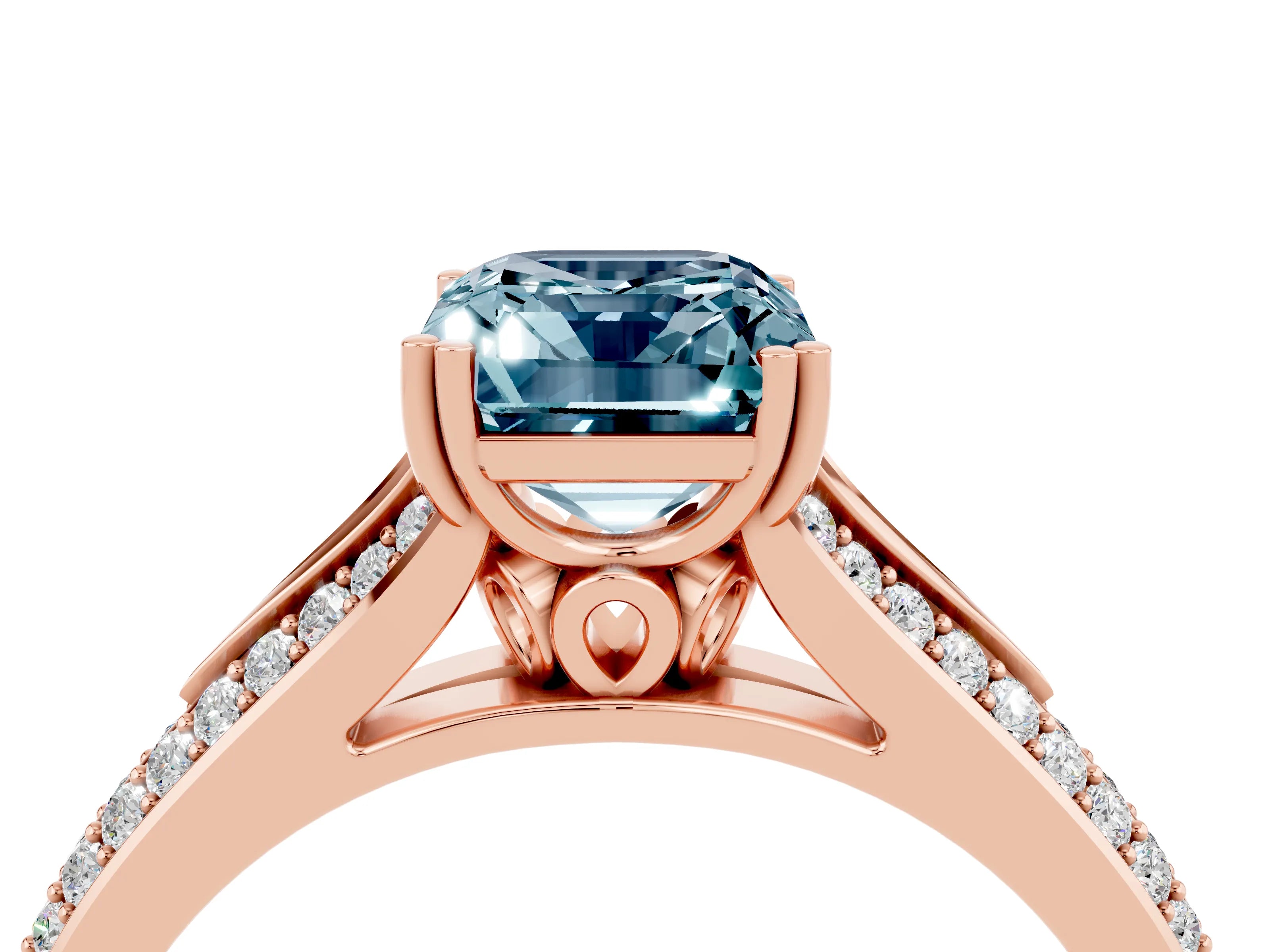 Rose gold Emerald Cut Aquamarine Split Shank Engagement Ring with Pavé Band_4