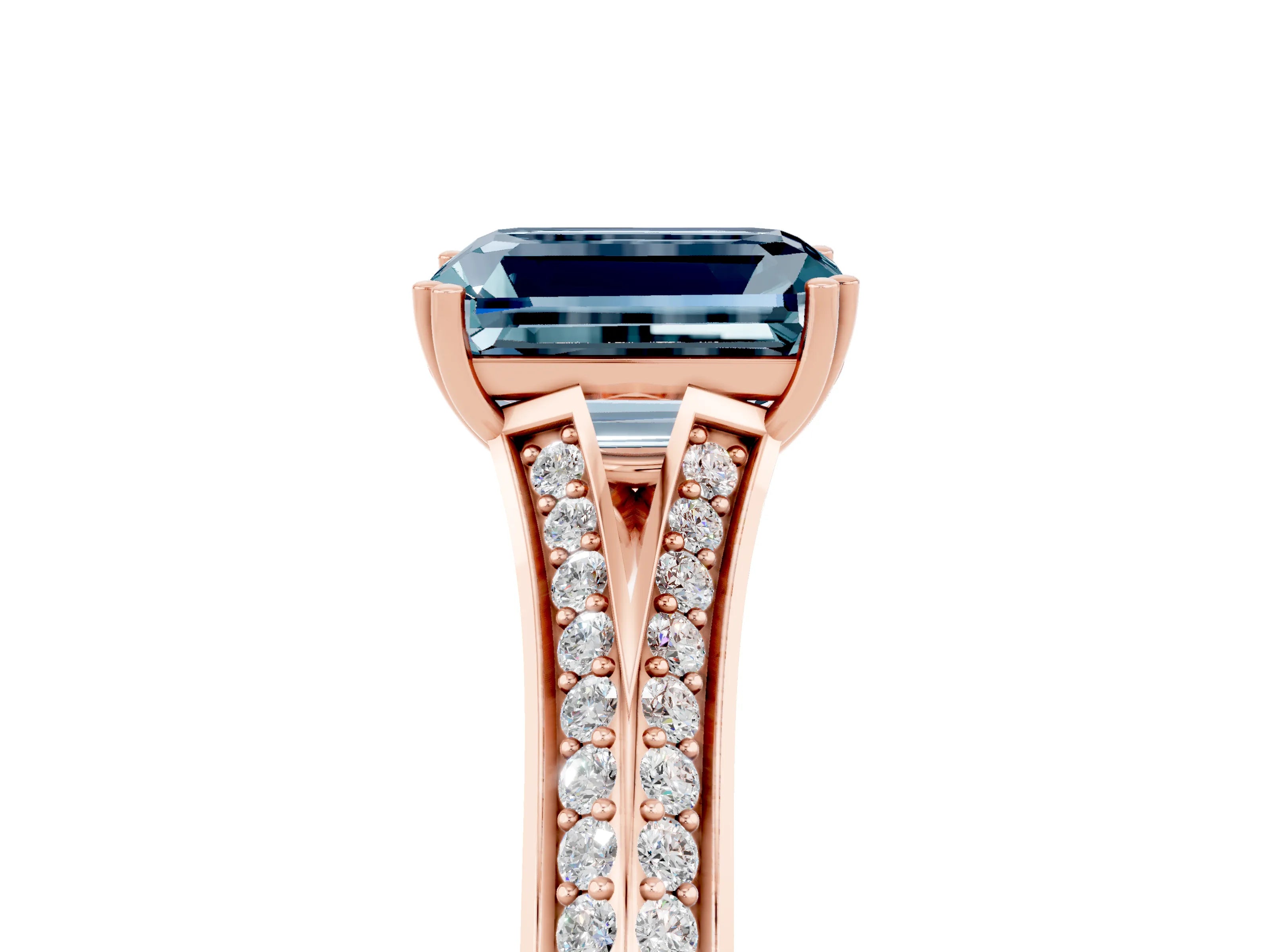 Rose gold Emerald Cut Aquamarine Split Shank Engagement Ring with Pavé Band_5