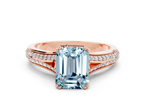 Rose gold Emerald Cut Aquamarine Split Shank Engagement Ring with Pavé Band