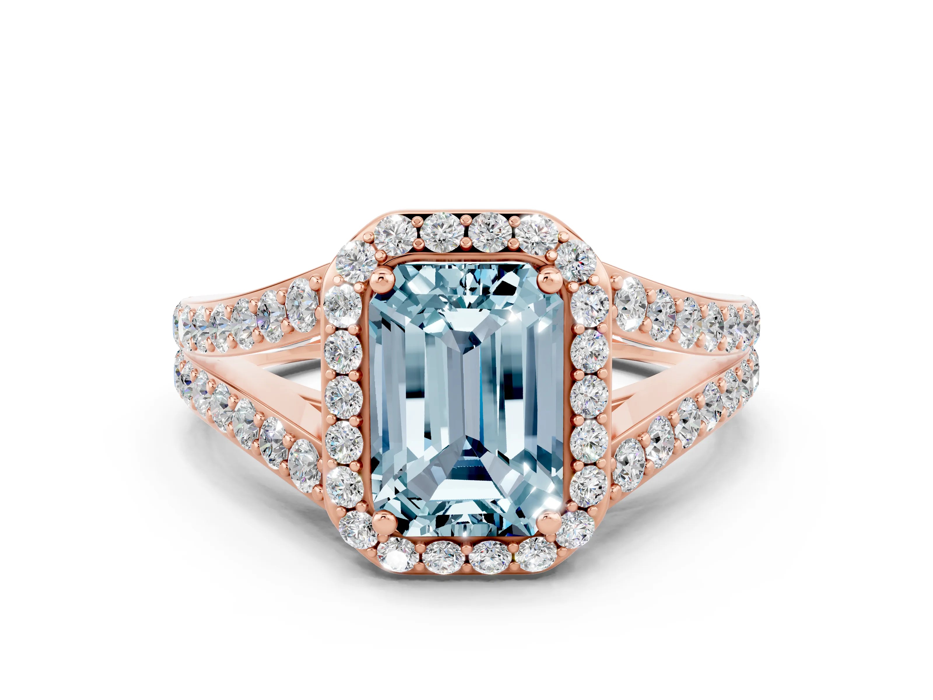 Rose gold Emerald Cut Aquamarine Split Shank Halo Ring with Four-Prong Setting_12