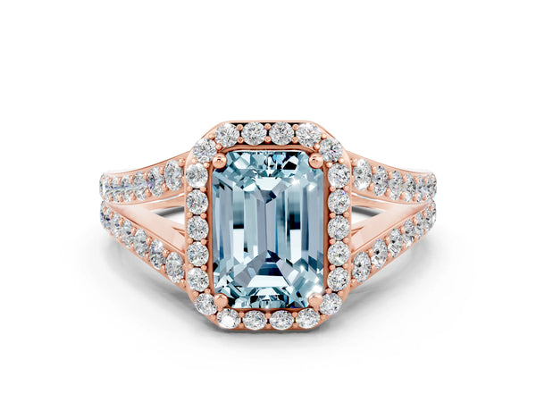 Rose gold Emerald Cut Aquamarine Split Shank Halo Ring with Four-Prong Setting