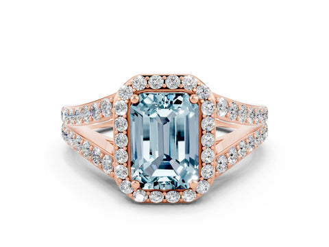 Rose gold Emerald Cut Aquamarine Split Shank Halo Ring with Four-Prong Setting_12