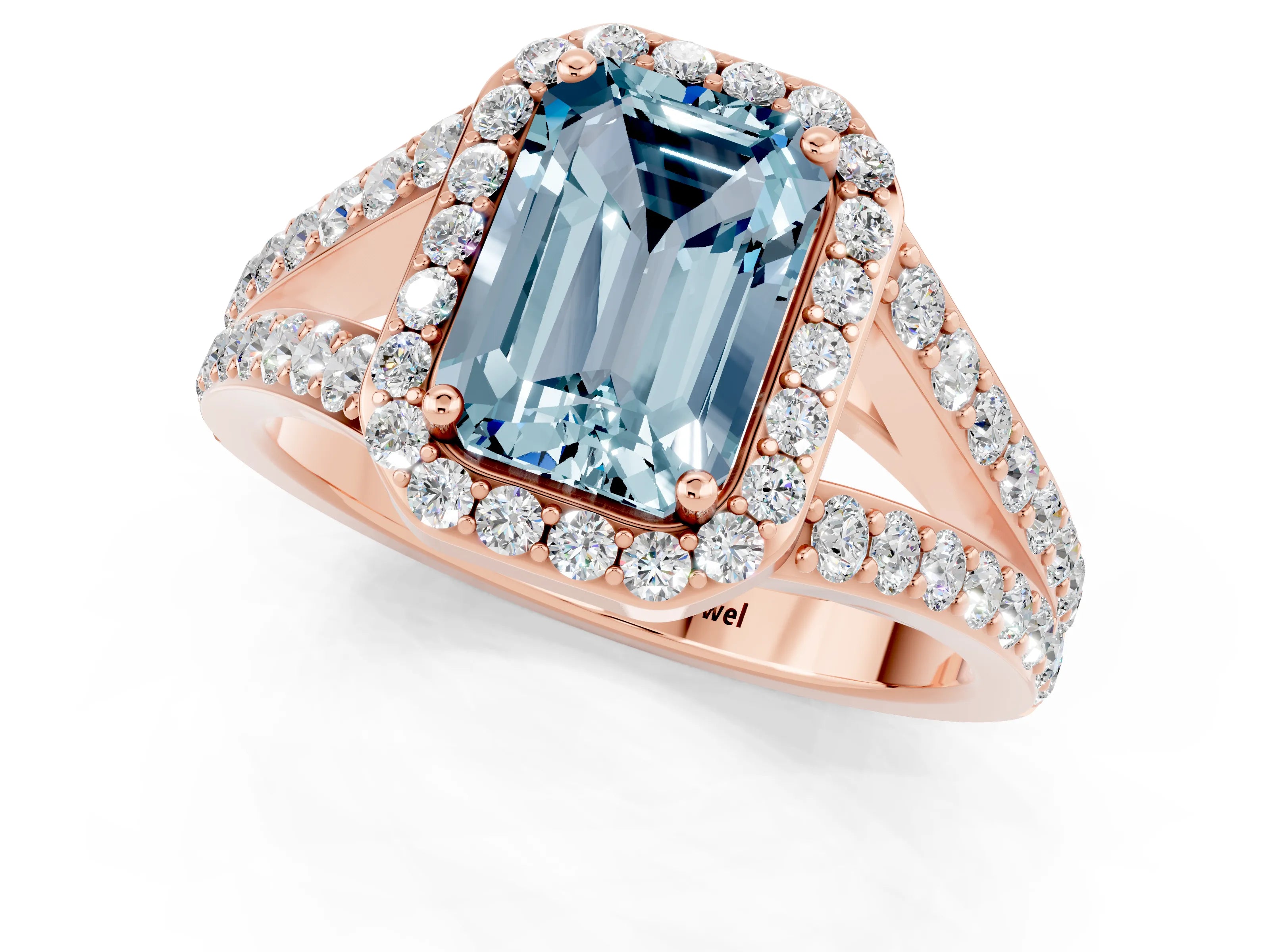 Rose gold Emerald Cut Aquamarine Split Shank Halo Ring with Four-Prong Setting_13