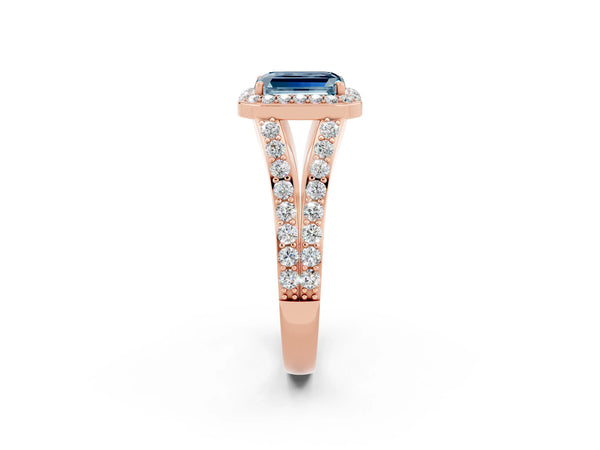 Rose gold Emerald Cut Aquamarine Split Shank Halo Ring with Four-Prong Setting