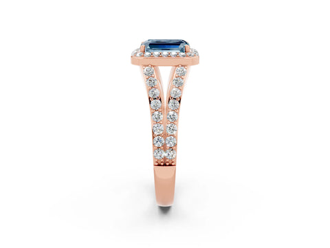Rose gold Emerald Cut Aquamarine Split Shank Halo Ring with Four-Prong Setting_14