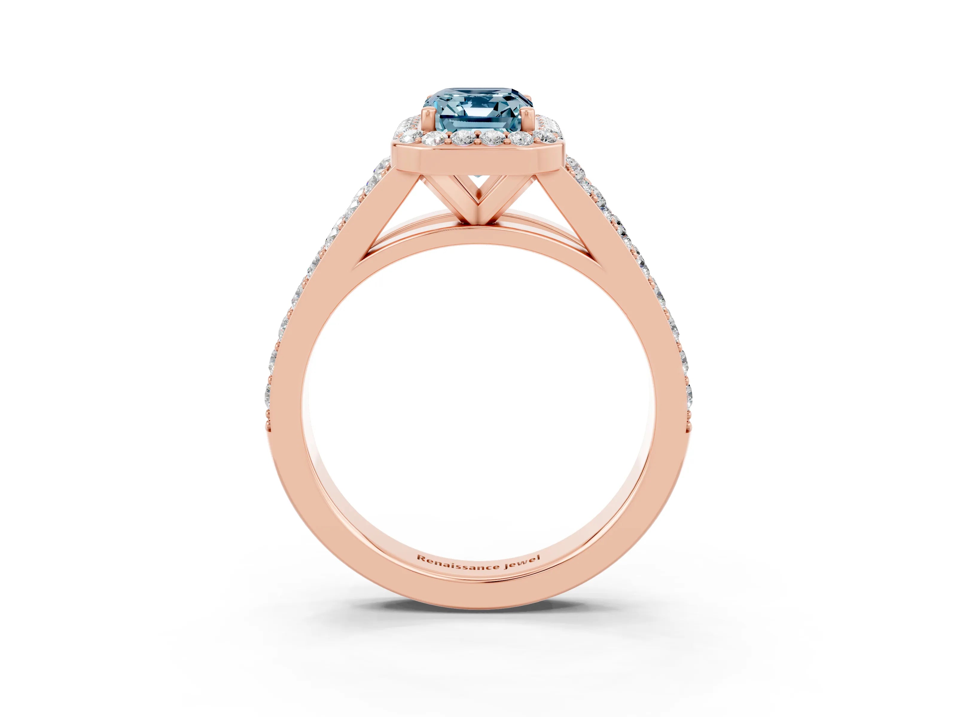 Rose gold Emerald Cut Aquamarine Split Shank Halo Ring with Four-Prong Setting_15