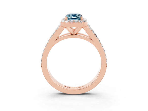 Rose gold Emerald Cut Aquamarine Split Shank Halo Ring with Four-Prong Setting