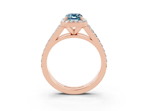 Rose gold Emerald Cut Aquamarine Split Shank Halo Ring with Four-Prong Setting_15