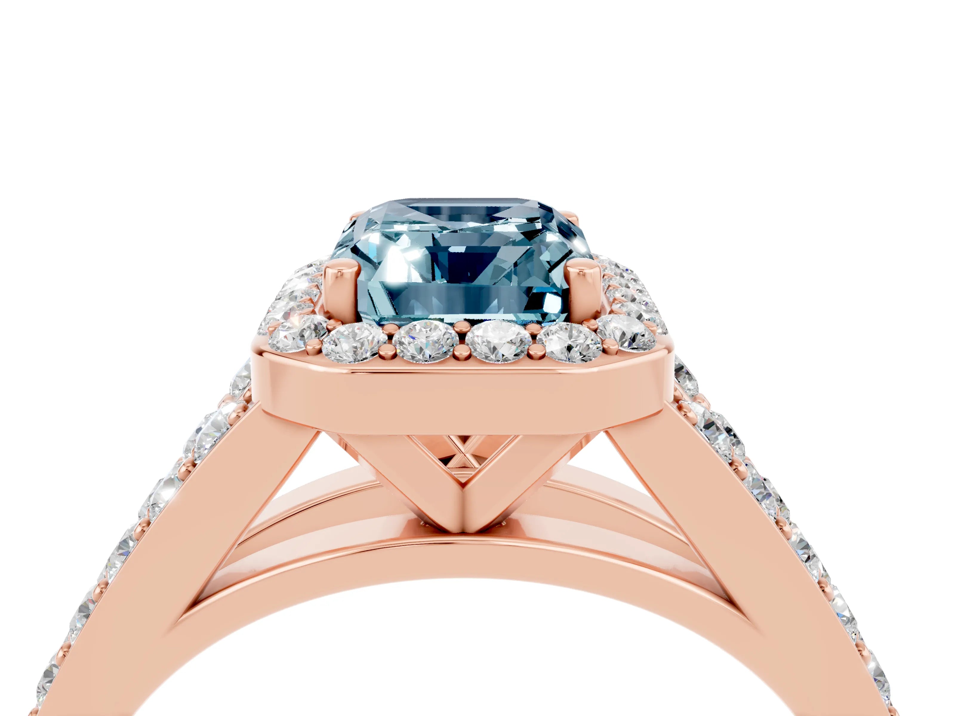 Rose gold Emerald Cut Aquamarine Split Shank Halo Ring with Four-Prong Setting_16