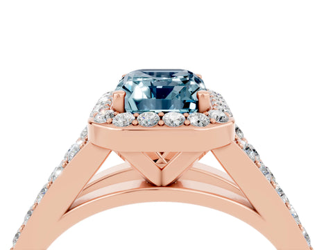 Rose gold Emerald Cut Aquamarine Split Shank Halo Ring with Four-Prong Setting_16