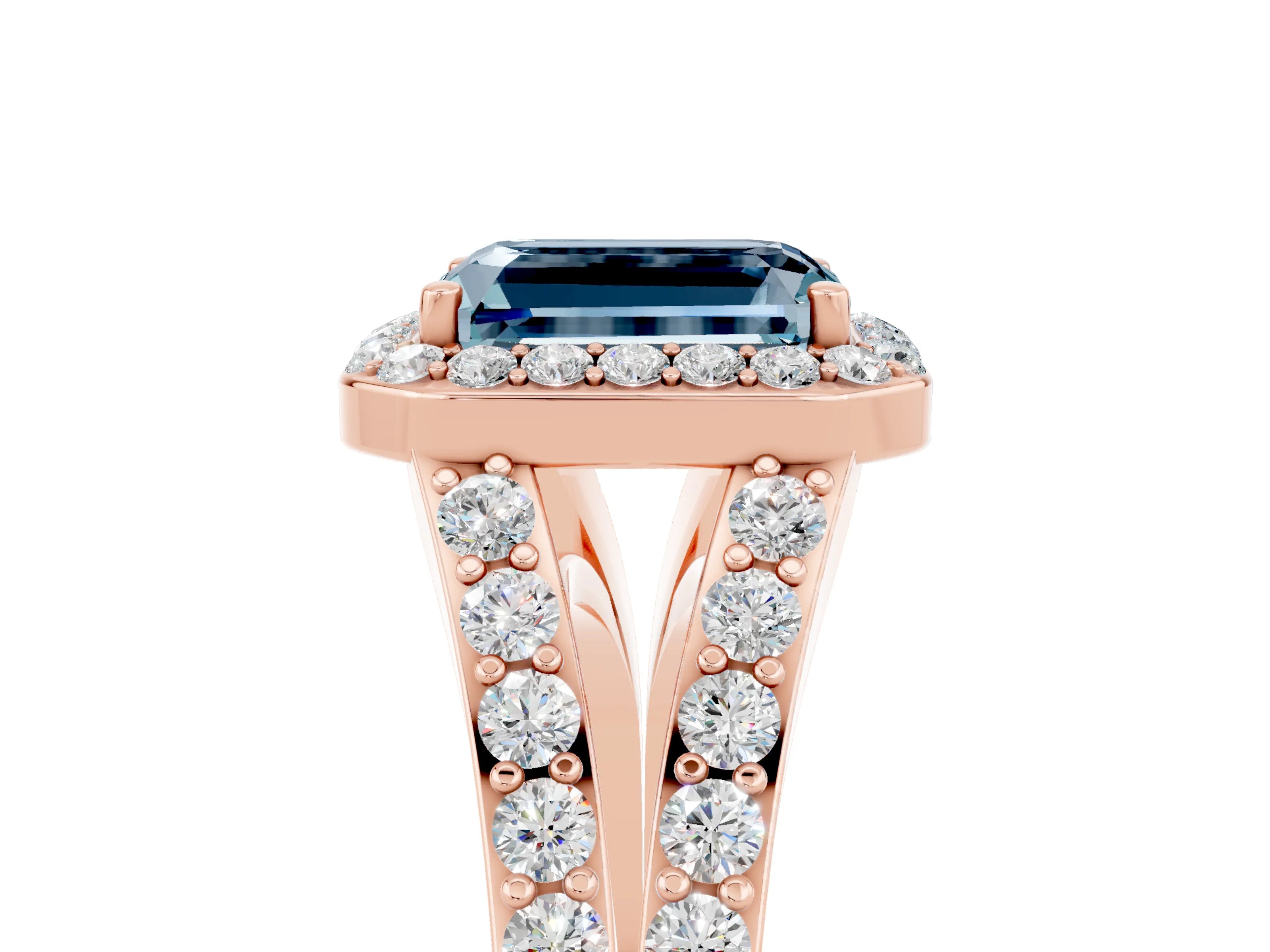 Rose gold Emerald Cut Aquamarine Split Shank Halo Ring with Four-Prong Setting_17