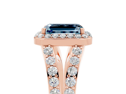 Rose gold Emerald Cut Aquamarine Split Shank Halo Ring with Four-Prong Setting_17