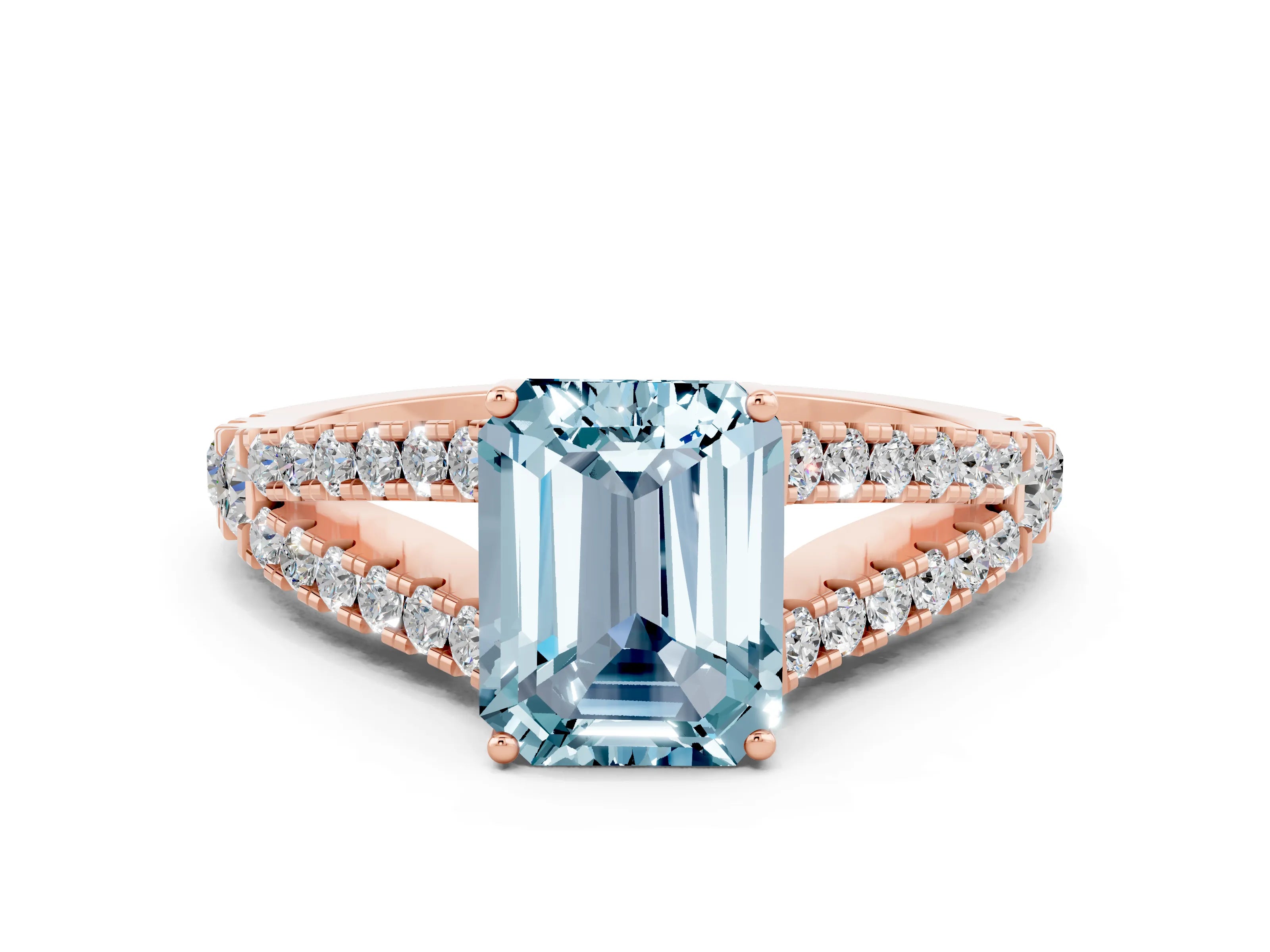 Rose gold Emerald Cut Aquamarine Split Shank Pavé Engagement Ring with Four-Prong Setting_12