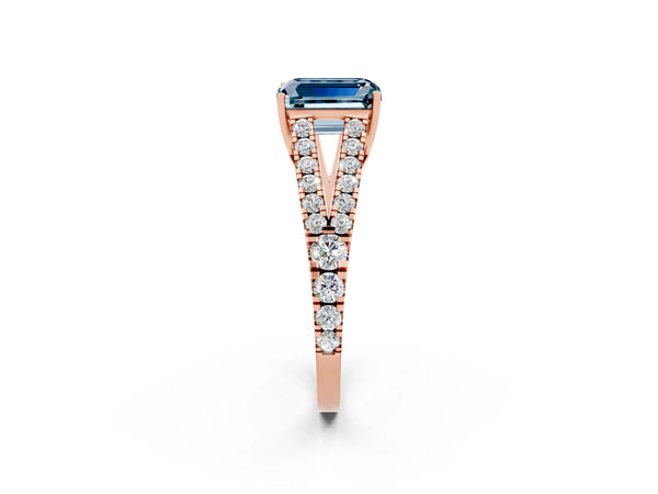 Rose gold Emerald Cut Aquamarine Split Shank Pavé Engagement Ring with Four-Prong Setting