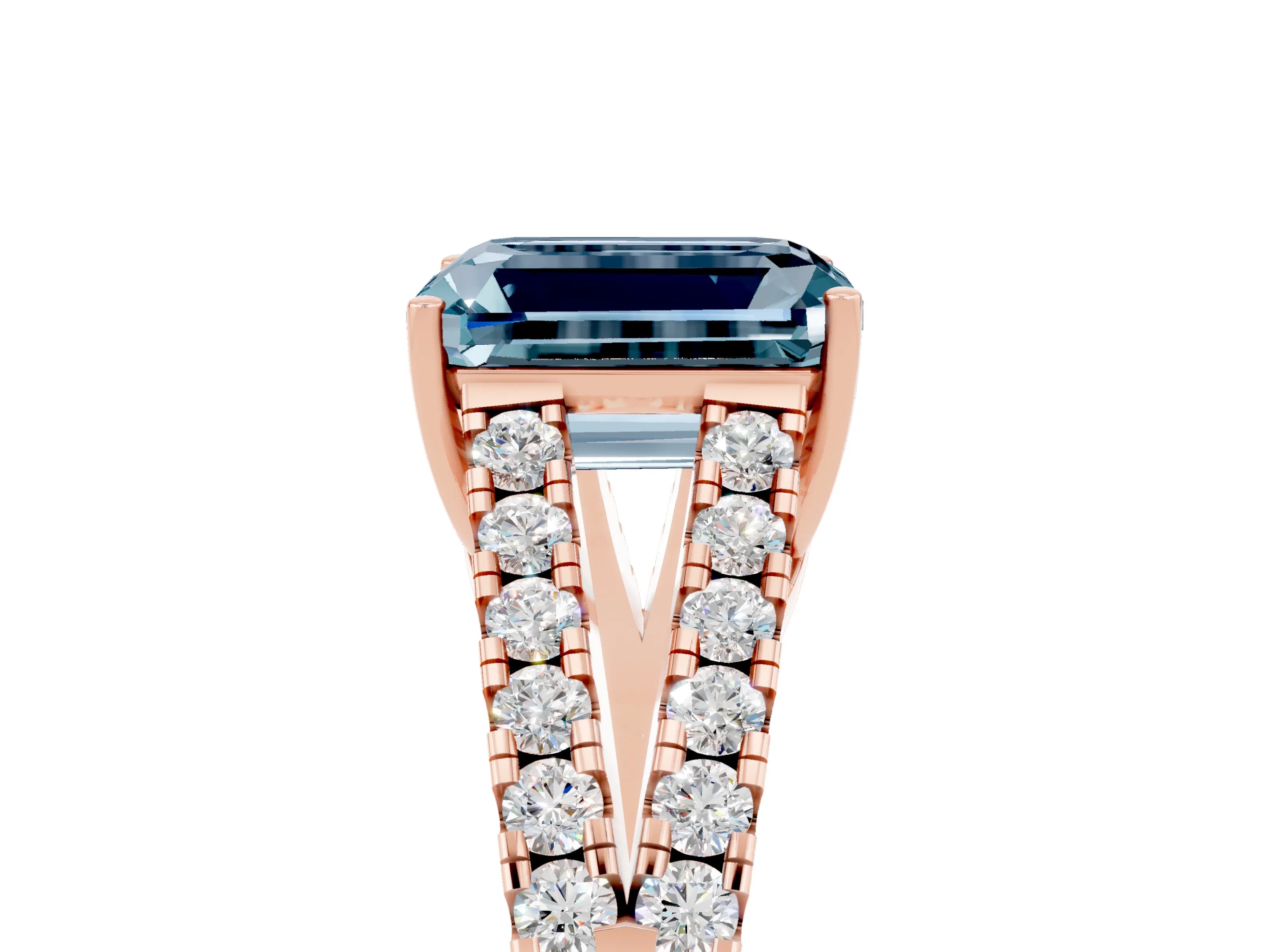 Rose gold Emerald Cut Aquamarine Split Shank Pavé Engagement Ring with Four-Prong Setting_17