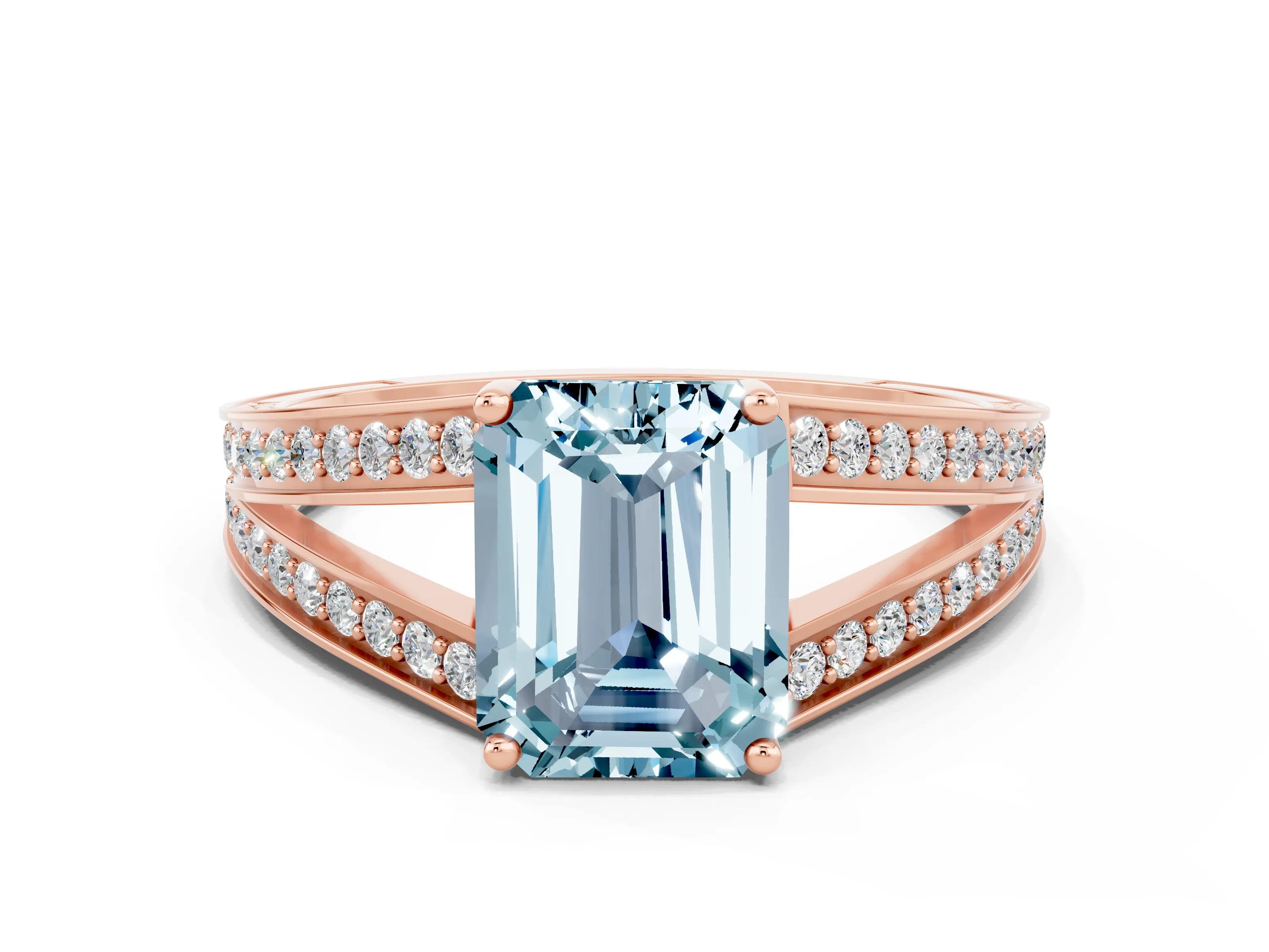 Rose gold Emerald Cut Aquamarine Split Shank Ring with Pavé Band and Four-Prong Setting