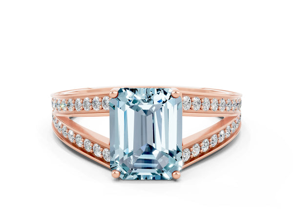 Rose gold Emerald Cut Aquamarine Split Shank Ring with Pavé Band and Four-Prong Setting