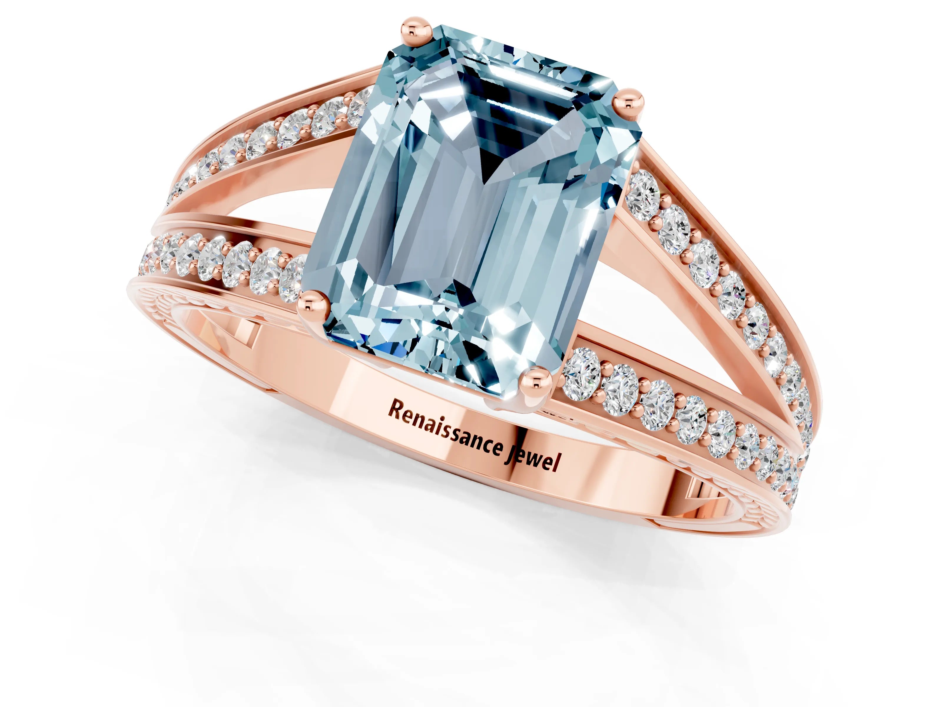 Rose gold Emerald Cut Aquamarine Split Shank Ring with Pavé Band and Four-Prong Setting_1