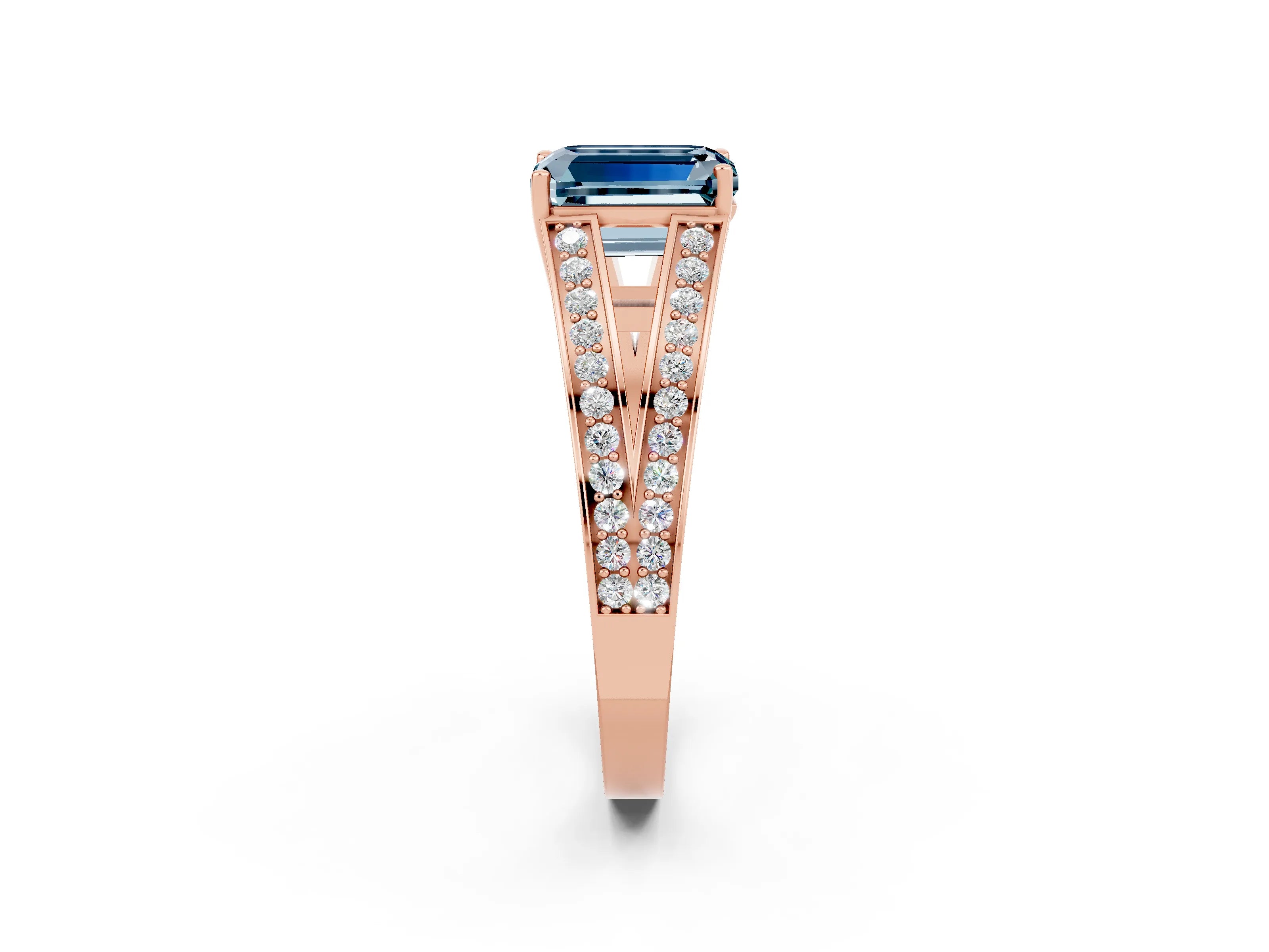 Rose gold Emerald Cut Aquamarine Split Shank Ring with Pavé Band and Four-Prong Setting_2
