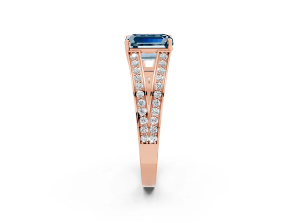 Rose gold Emerald Cut Aquamarine Split Shank Ring with Pavé Band and Four-Prong Setting