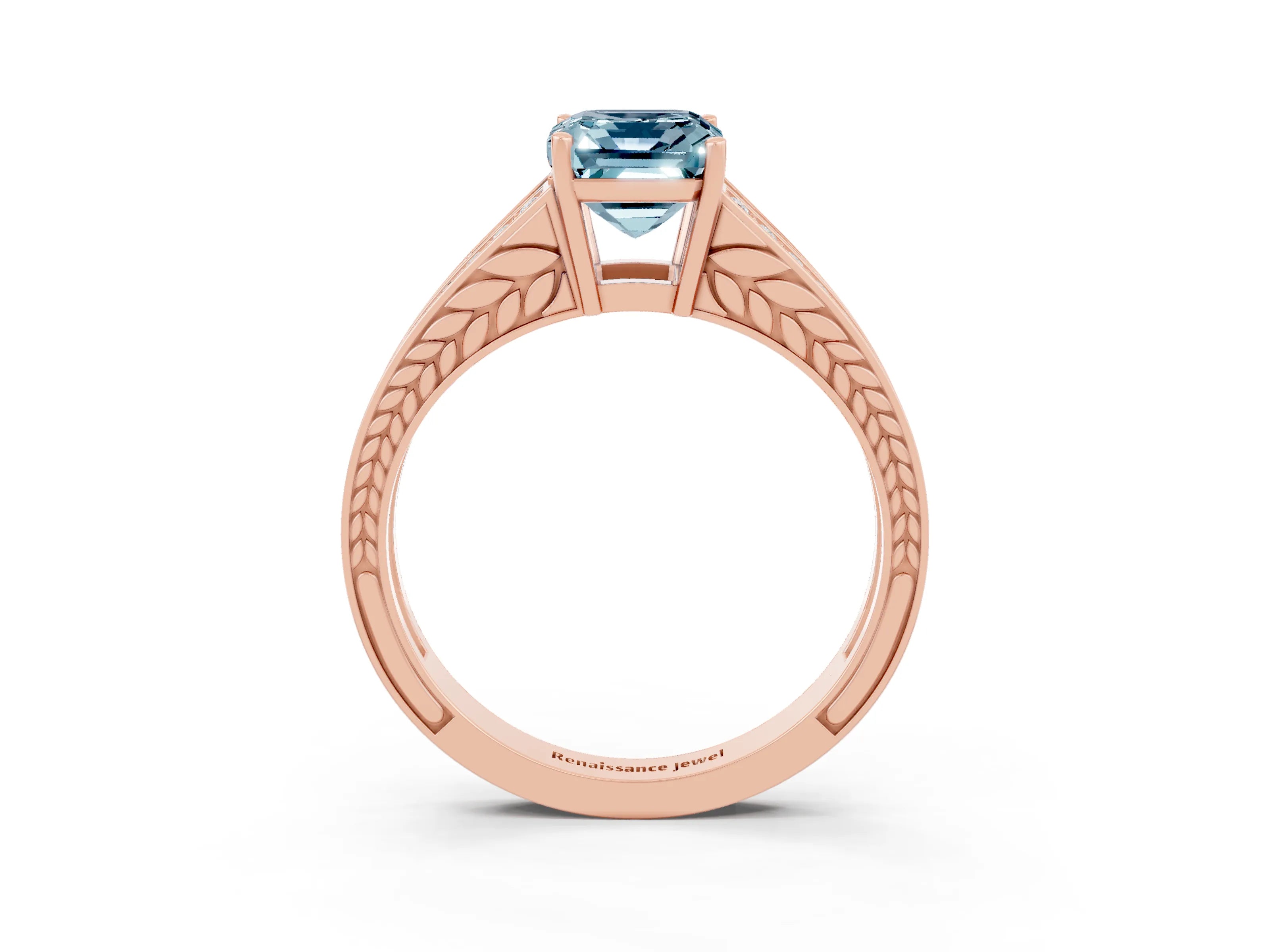 Rose gold Emerald Cut Aquamarine Split Shank Ring with Pavé Band and Four-Prong Setting_3