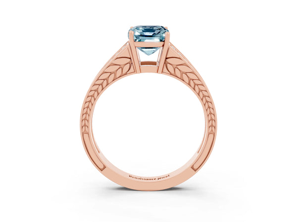 Rose gold Emerald Cut Aquamarine Split Shank Ring with Pavé Band and Four-Prong Setting