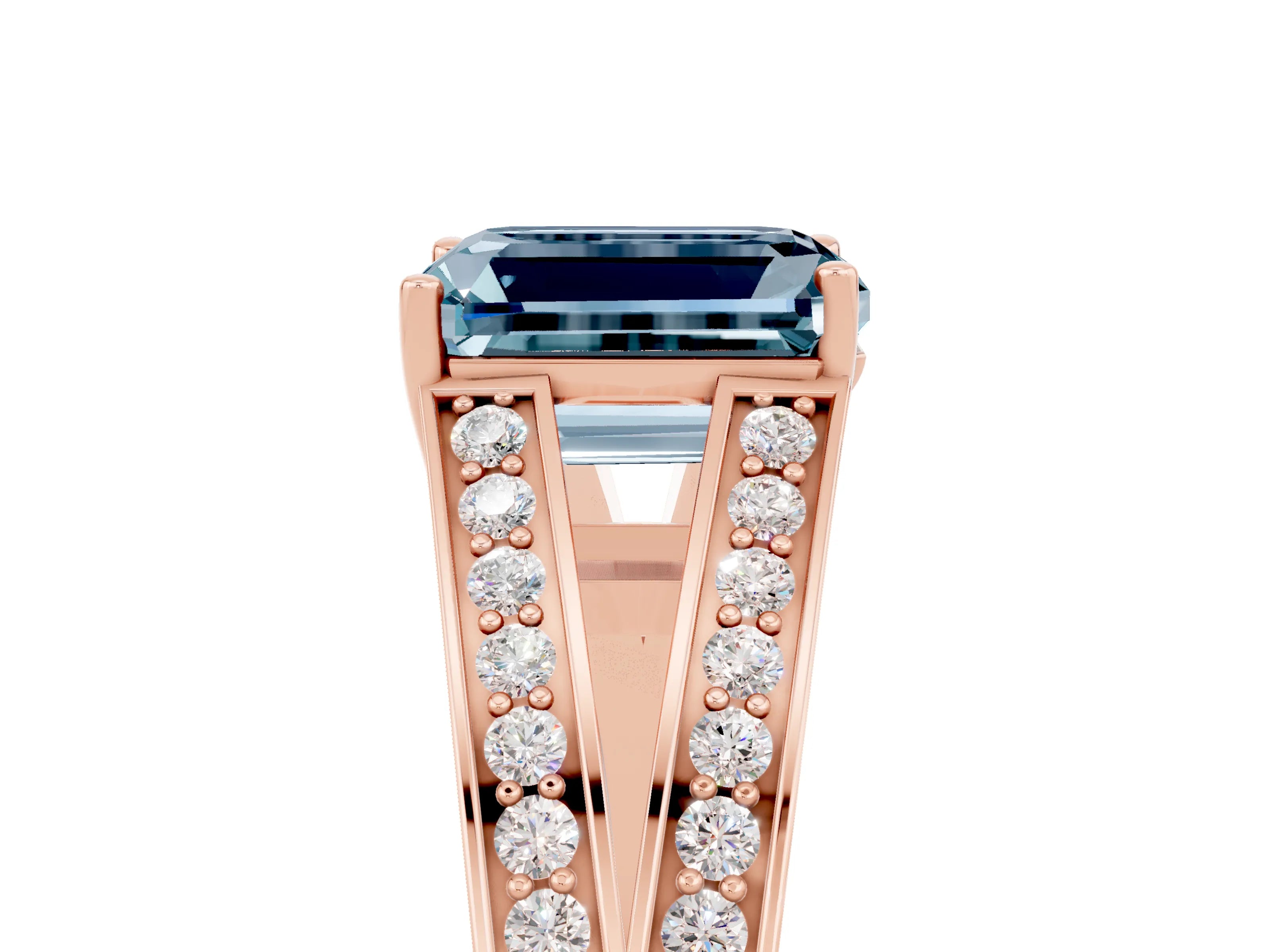 Rose gold Emerald Cut Aquamarine Split Shank Ring with Pavé Band and Four-Prong Setting_5