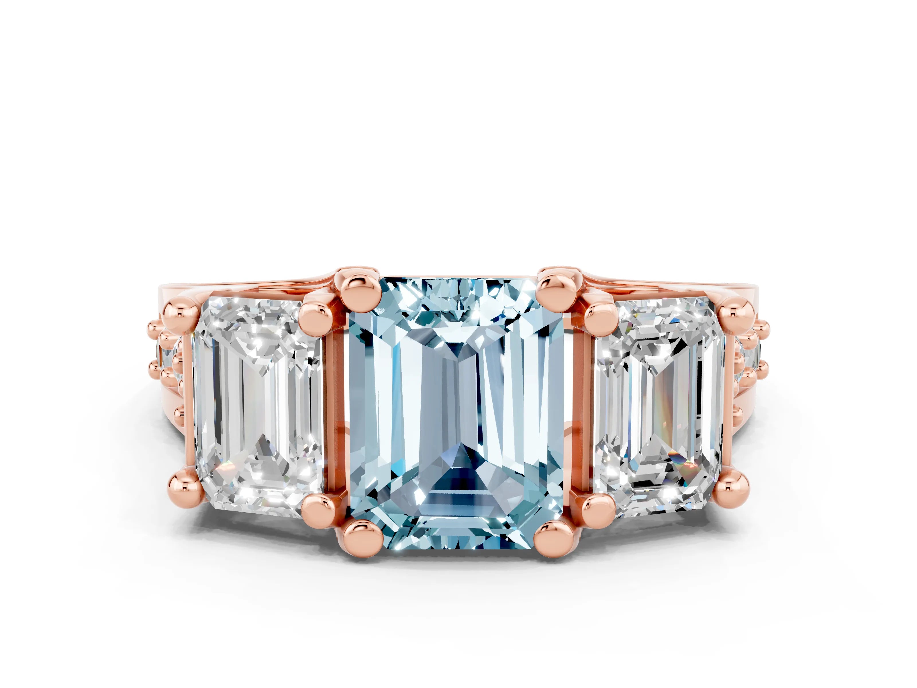 Rose gold Emerald Cut Aquamarine Three-Stone Ring with Channel Set Band and Four-Prong Setting