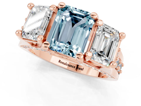 Rose gold Emerald Cut Aquamarine Three-Stone Ring with Channel Set Band and Four-Prong Setting_1