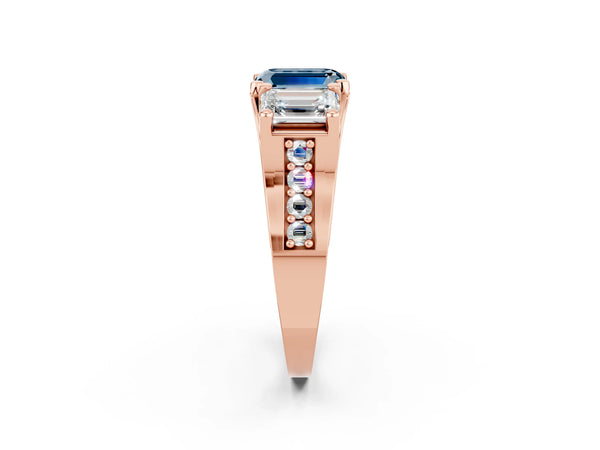 Rose gold Emerald Cut Aquamarine Three-Stone Ring with Channel Set Band and Four-Prong Setting