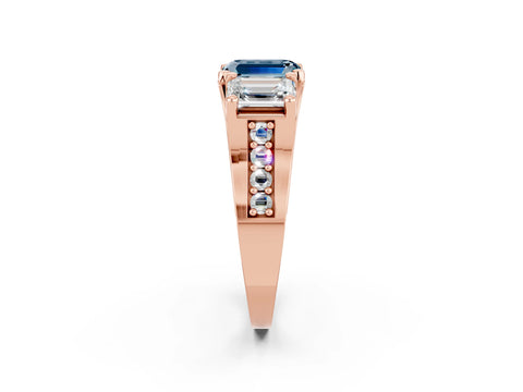 Rose gold Emerald Cut Aquamarine Three-Stone Ring with Channel Set Band and Four-Prong Setting_2