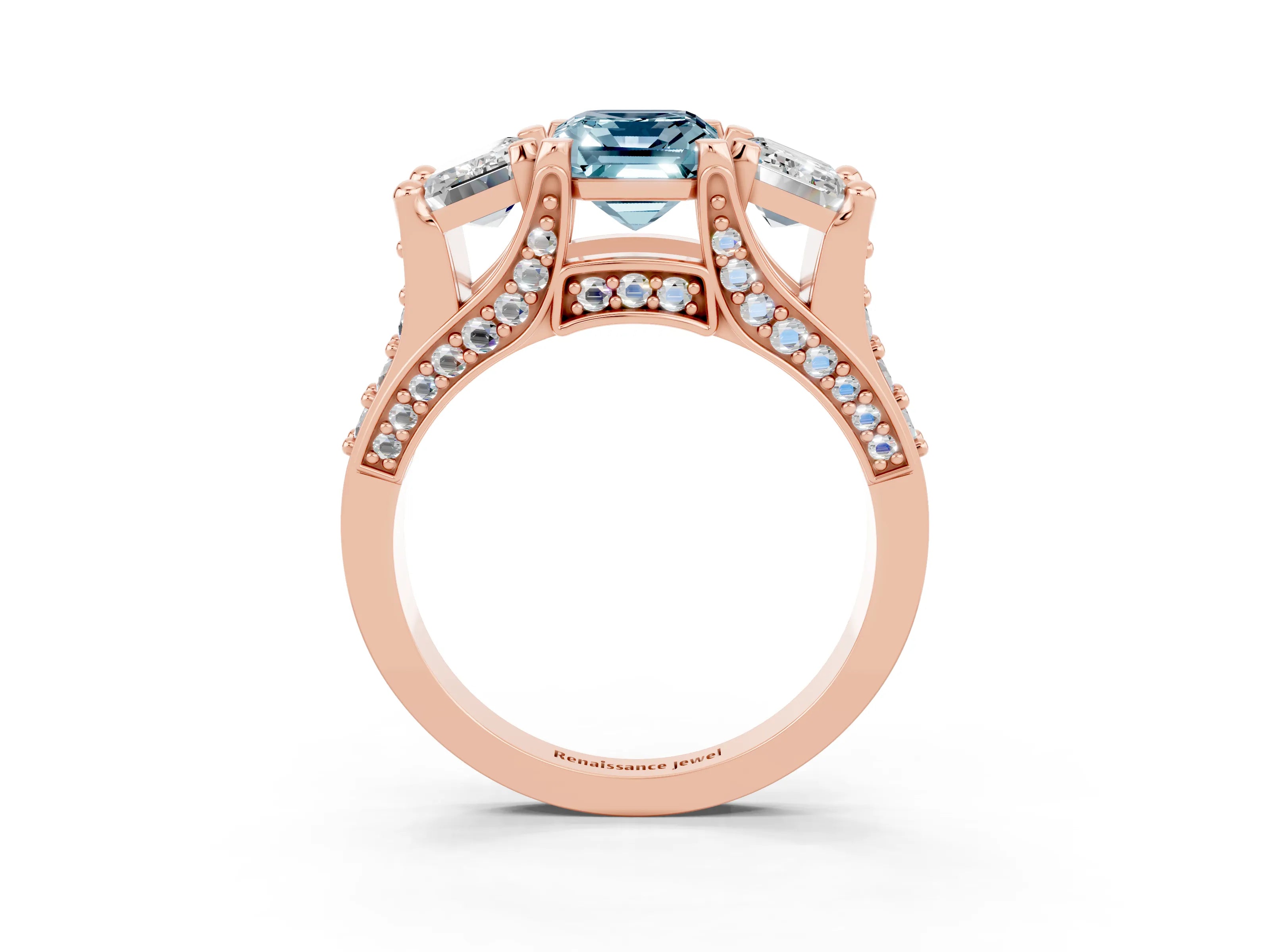 Rose gold Emerald Cut Aquamarine Three-Stone Ring with Channel Set Band and Four-Prong Setting_3