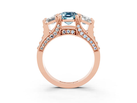 Rose gold Emerald Cut Aquamarine Three-Stone Ring with Channel Set Band and Four-Prong Setting_3