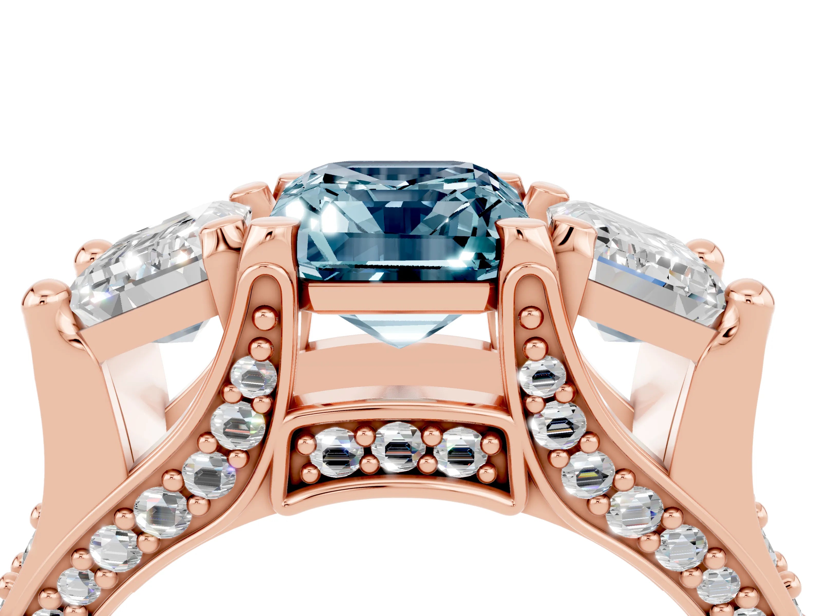 Rose gold Emerald Cut Aquamarine Three-Stone Ring with Channel Set Band and Four-Prong Setting_4