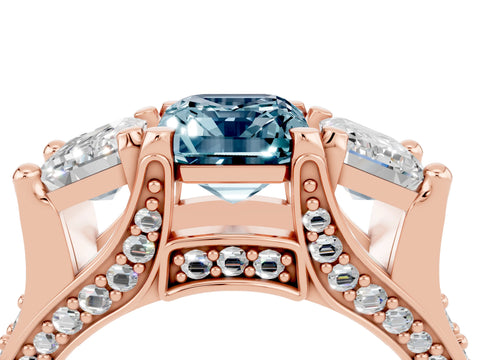 Rose gold Emerald Cut Aquamarine Three-Stone Ring with Channel Set Band and Four-Prong Setting_4