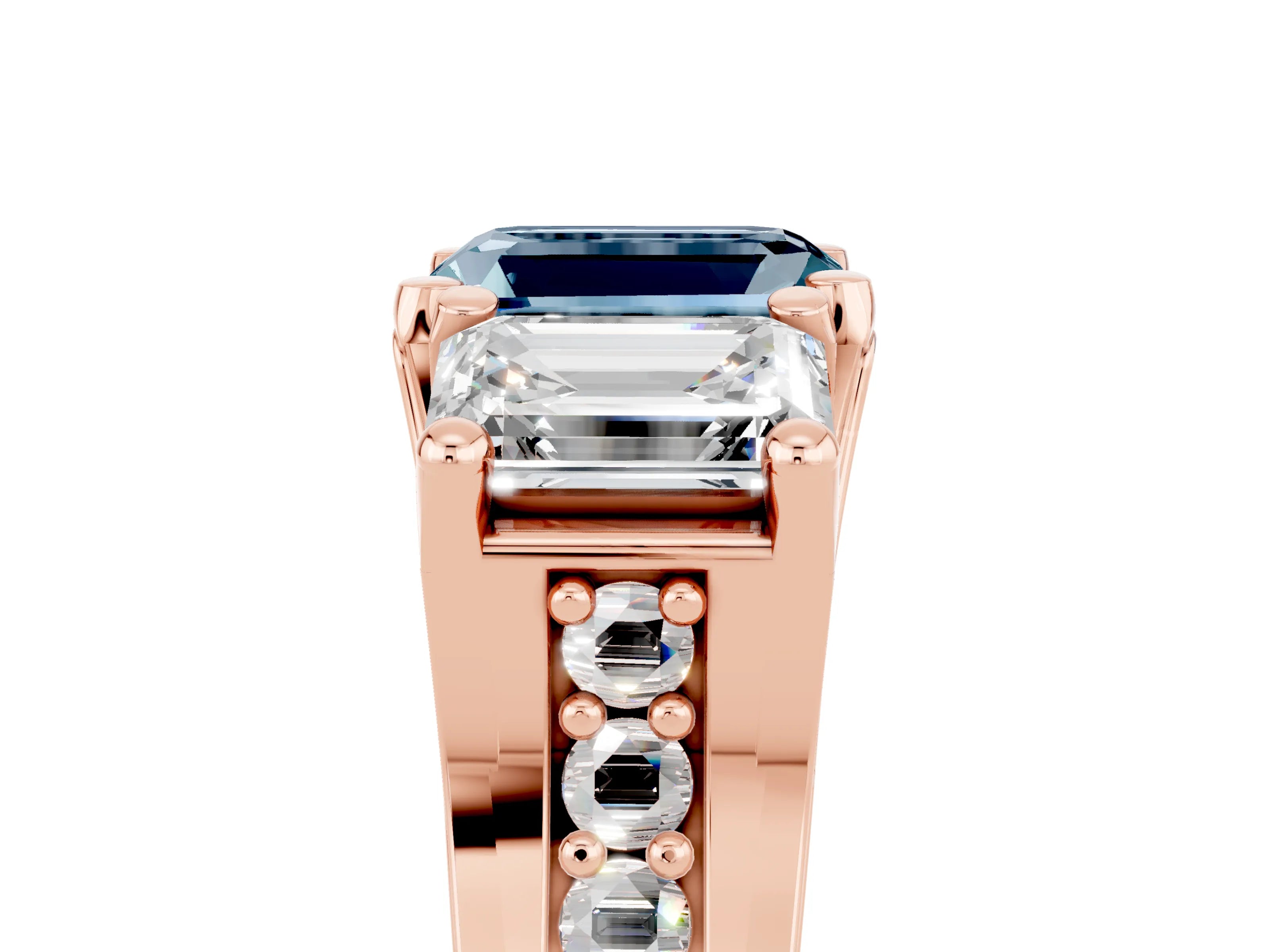 Rose gold Emerald Cut Aquamarine Three-Stone Ring with Channel Set Band and Four-Prong Setting_5