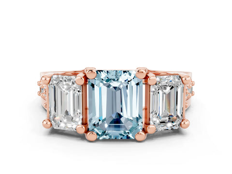 Rose gold Emerald Cut Aquamarine Three-Stone Ring with Channel Set Band and Four-Prong Setting