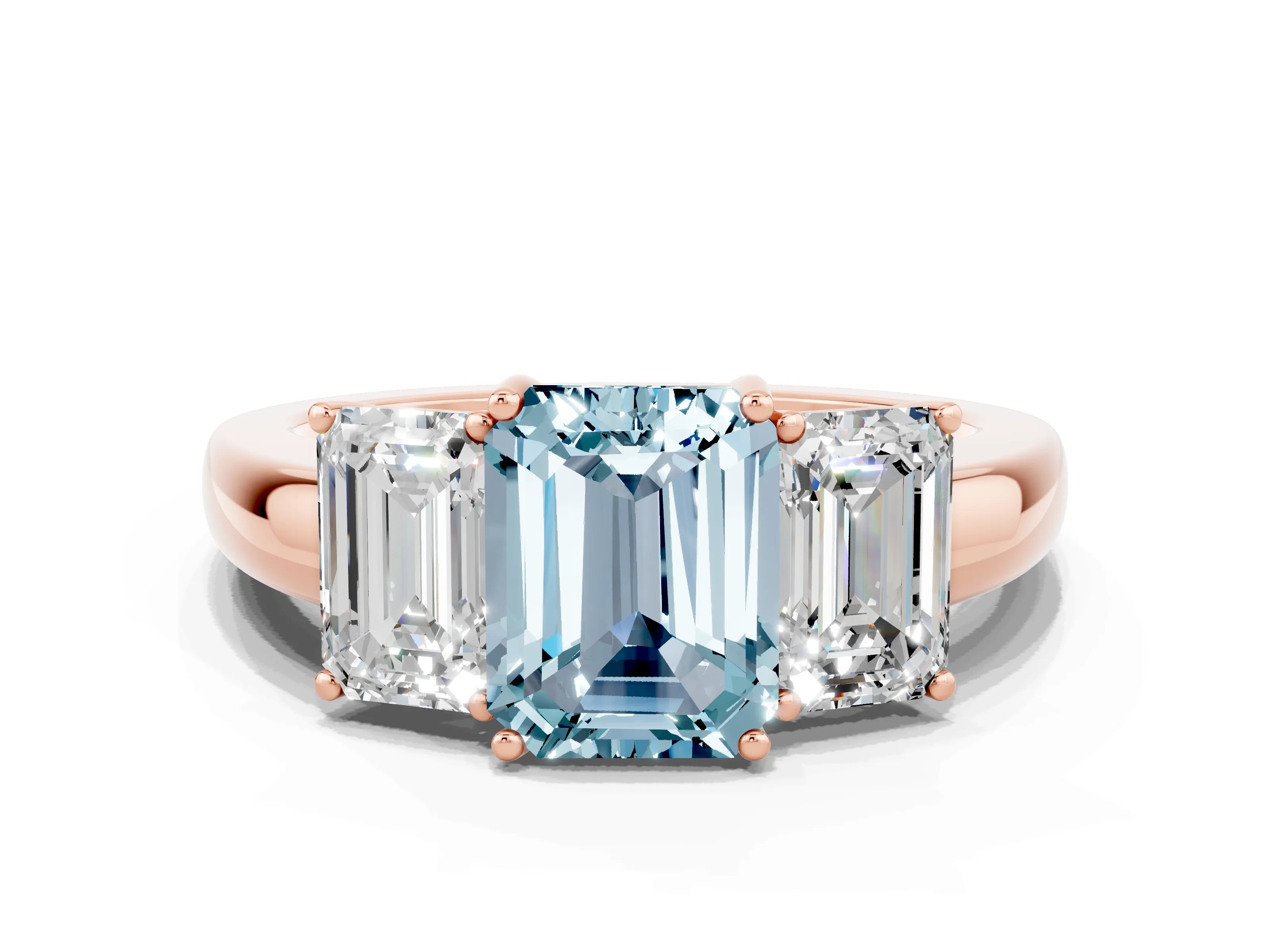 Rose gold Emerald Cut Aquamarine Three-Stone Ring with Four-Prong Setting and Classic Band